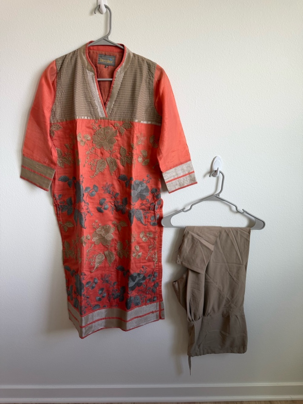 Embroidered Coral and Taupe Tunic Set